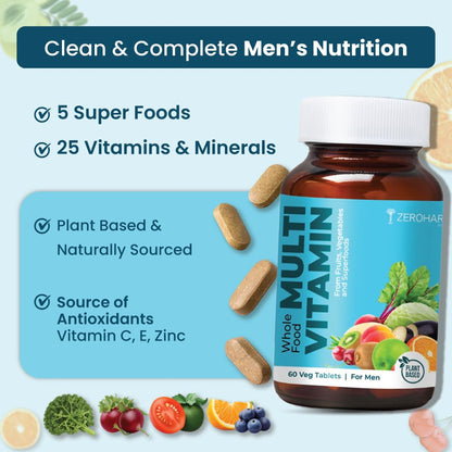 ZEROHARM Multivitamin Tablets for Men | Whole Food Multivitamin with Essential Vitamins A, B, C, D, E & Iron, Zinc, Magnesium | Daily Supplements for Immunity & Energy Support | 60 Veg Tablets