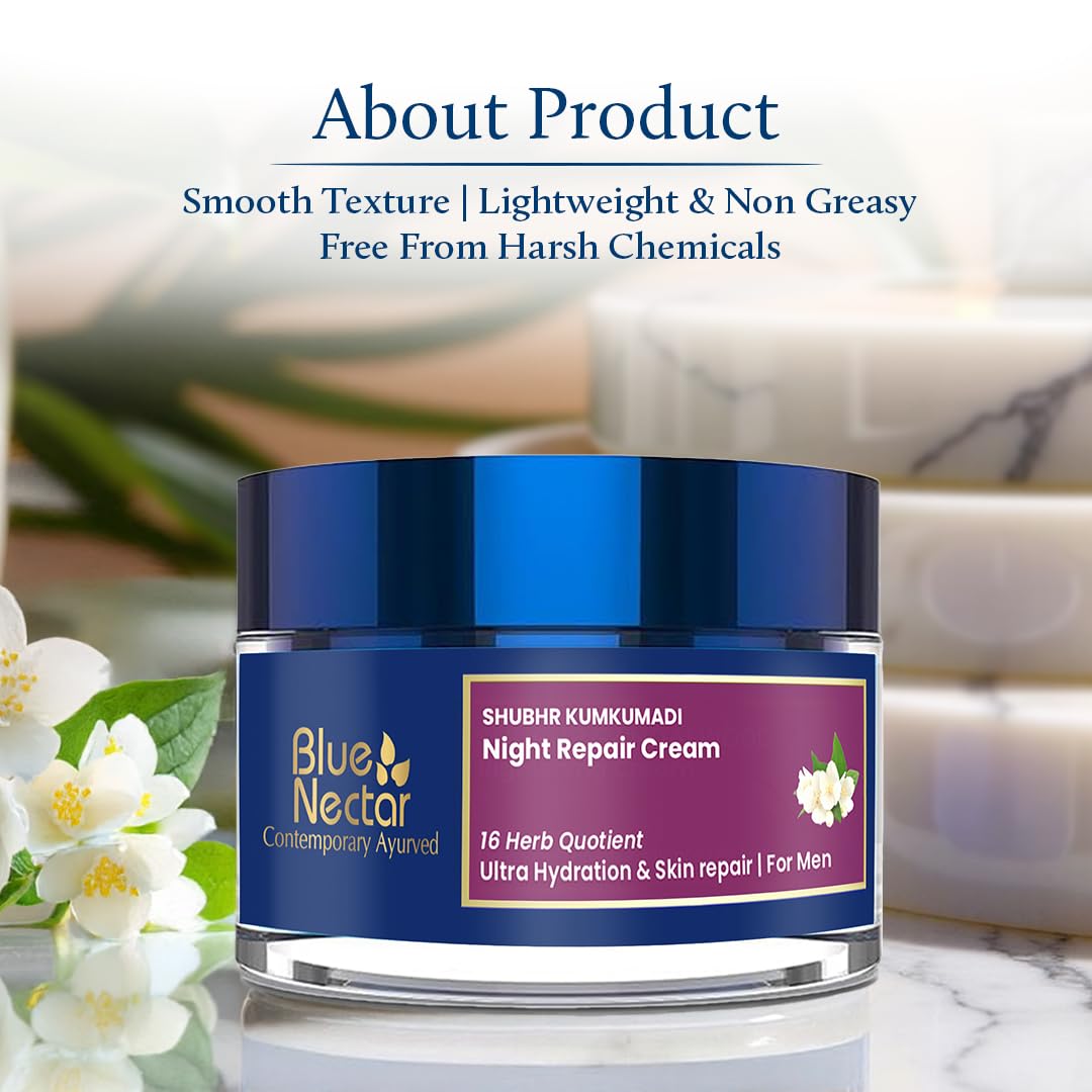 Blue Nectar Kumkumadi Night Repair Cream for Men | Natural Glow Night Cream for Daily Skin Repair | Hydrating Ayurvedic Face Moisturiser for Oily & Dry Skin (16 Herbs, 50g)