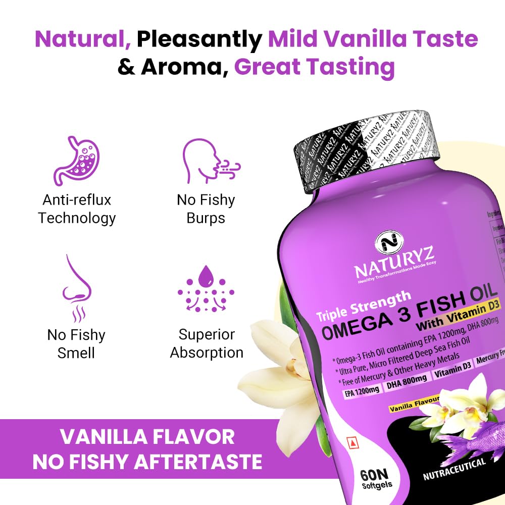 Purple bottle of Naturyz Omega 3 Fish Oil with vanilla flavor on a white background