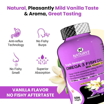 Purple bottle of Naturyz Omega 3 Fish Oil with vanilla flavor on a white background