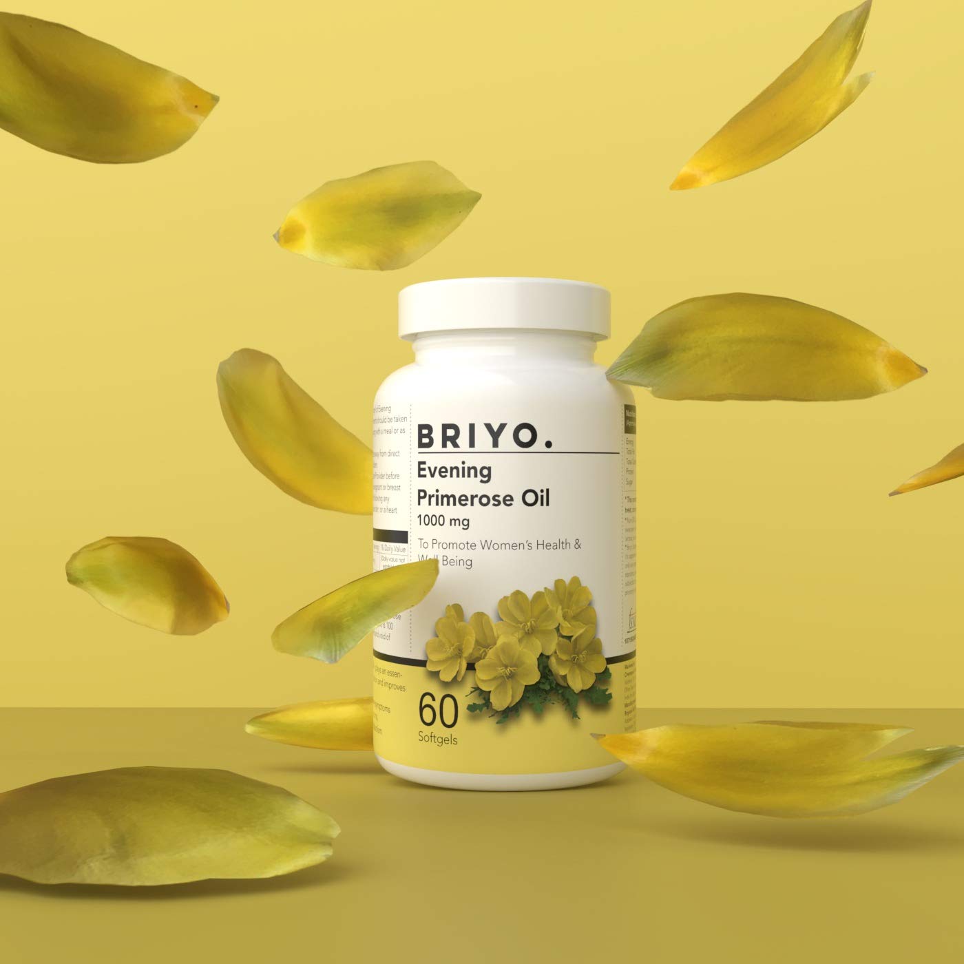 BRIYO Evening Primrose Oil supplement bottle on a yellow background with evening primrose flowers.