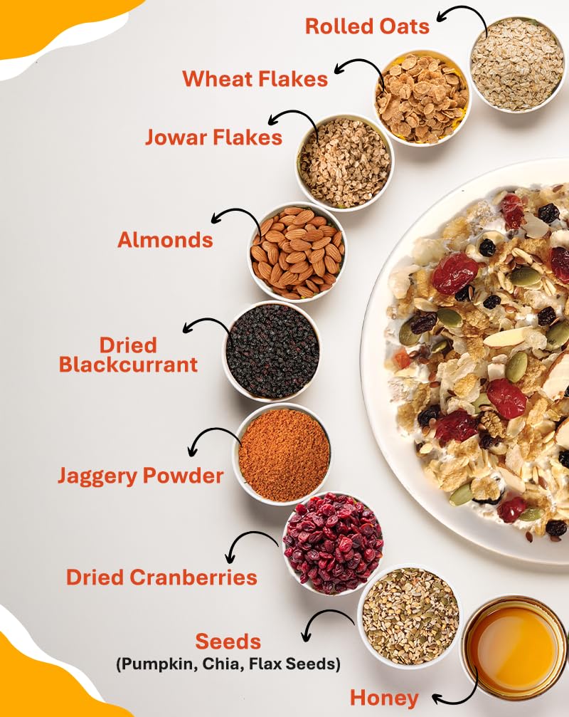 True Elements Crunchy Nuts & Berries Muesli 1kg - With 13g Clean Protein | Almonds, Seeds & Real Cranberries | With Jowar Millets | Crunchy Wholegrain Muesli | No Added Refined Sugar