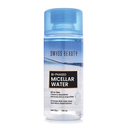 Swiss Beauty Bi-Phased Micellar Face Cleansing Water | Removes dirt, impurities and waterproof makeup | With Aloe vera and Witch Hazel | 100 ml