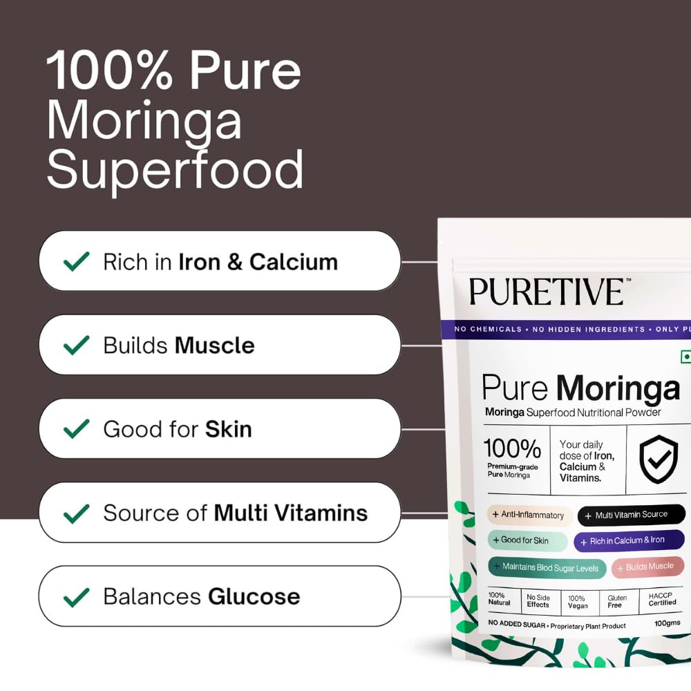 PURETIVE Pure Moringa superfood packaging with health benefits listed on a dark background