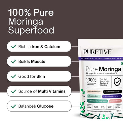 PURETIVE Pure Moringa superfood packaging with health benefits listed on a dark background