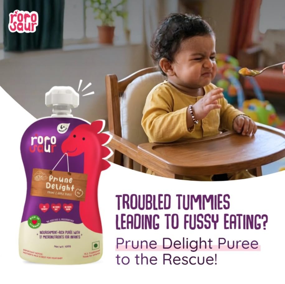 Rorosaur Baby Food Pouch | Prune Fruit Puree helps with constipation & indigestion for Baby and Toddlers,6+ Months, No more tummy problems | Ready to Eat, No Preservatives, No Added Sugar |100g each, Pk of 2