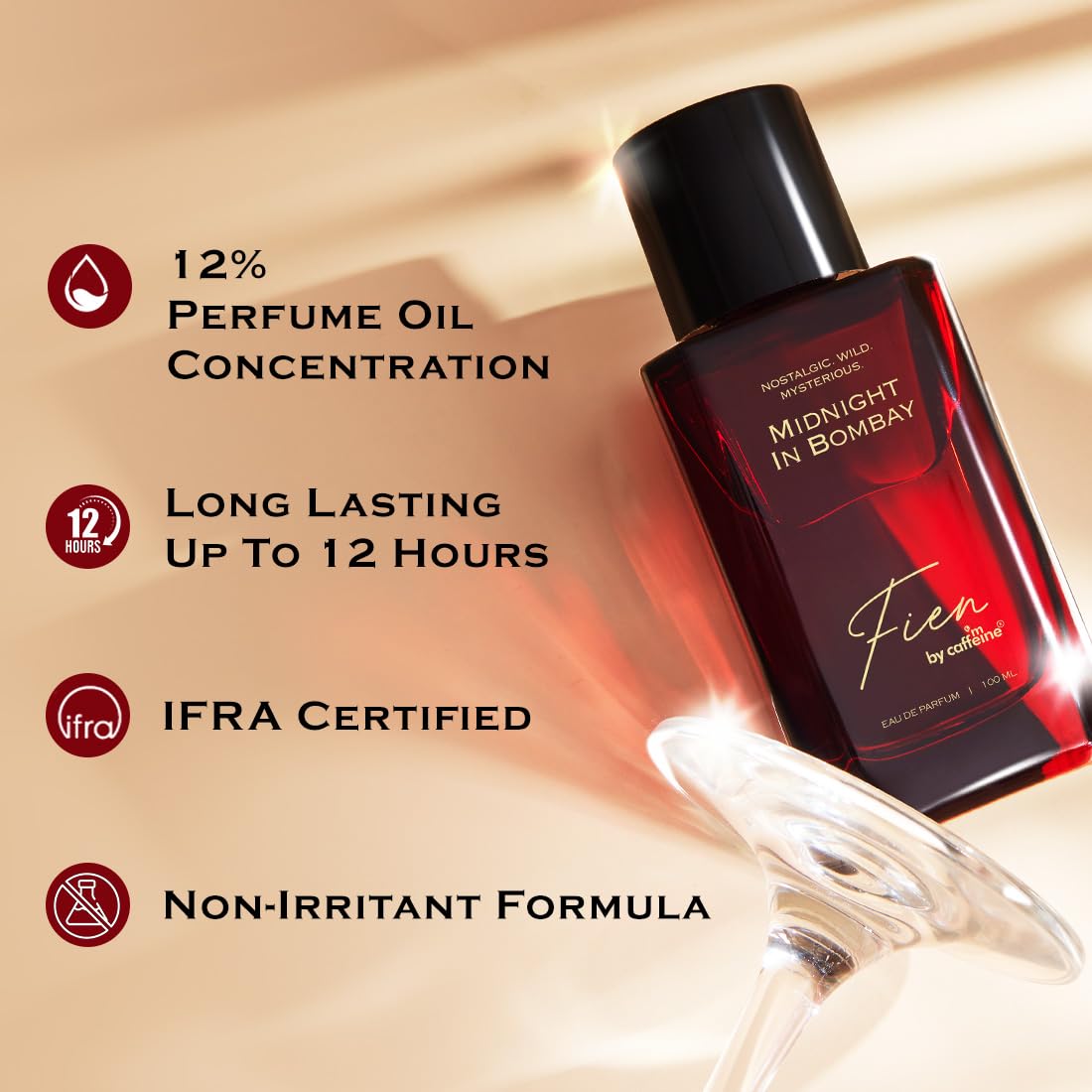Perfume bottle with product features on a beige background