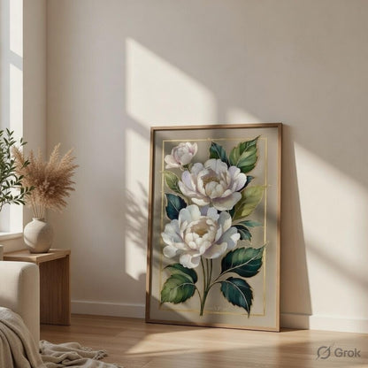 Elegant White Floral Botanical Wall Art with Wooden Frame | Luxury Flower HD UV Laminated Print on MDF | Modern Aesthetic Decor for Living Room Bedroom Office 13.5 Inch x 19.5 Inch