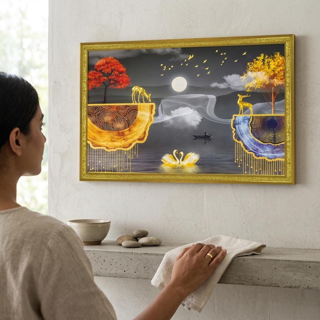 Abstract art Framed Golden Foil 3D Style Landscape Painting with 2 Deer Standing on Edge | Ready to Hnag - (14 x 20 inch, Multicolor)