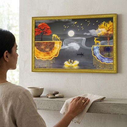Abstract art Framed Golden Foil 3D Style Landscape Painting with 2 Deer Standing on Edge | Ready to Hnag - (14 x 20 inch, Multicolor)