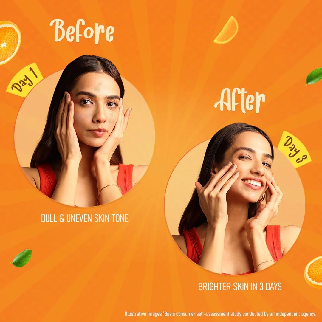 Before and after comparison of a woman's skin on an orange background with text indicating improvement over 3 days.