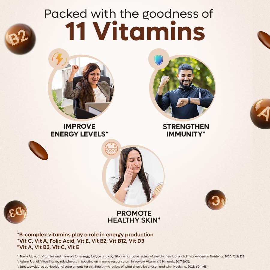 Diataal ChocoVits Veg, Chewable Multivitamin | 30 Chocolaty Tabs with 11 Essential Vitamins | Power of B-complex vitamins, B12, D3, Nicotinamide, Vitamin A, C & E for Energy | Immunity | Healthy Skin.