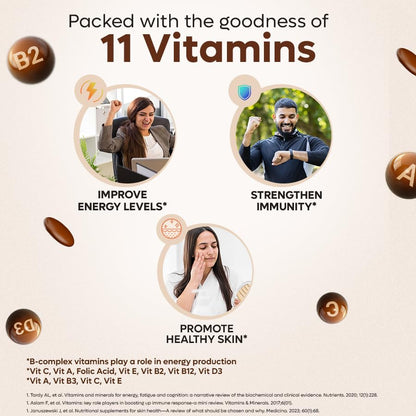Diataal ChocoVits Veg, Chewable Multivitamin | 30 Chocolaty Tabs with 11 Essential Vitamins | Power of B-complex vitamins, B12, D3, Nicotinamide, Vitamin A, C & E for Energy | Immunity | Healthy Skin.