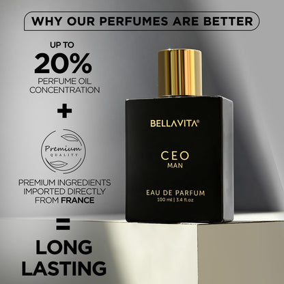 Bellavita CEO Man Eau de Parfum bottle with promotional text on a gray background