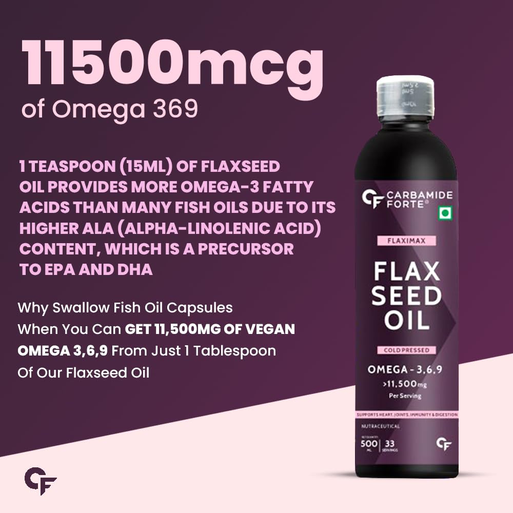 Carbamide Forte Cold Pressed Flaxseed Oil 500ml with 11500mg Omega 3 6 9 per Serving for Eating, Skin & Hair Growth - Vegetarian Oil