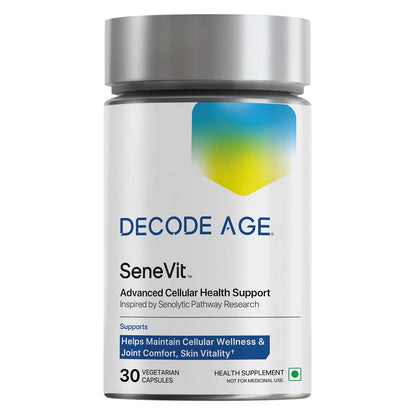 Supplement bottle labeled 'Decode Age SeneVit' on a white background