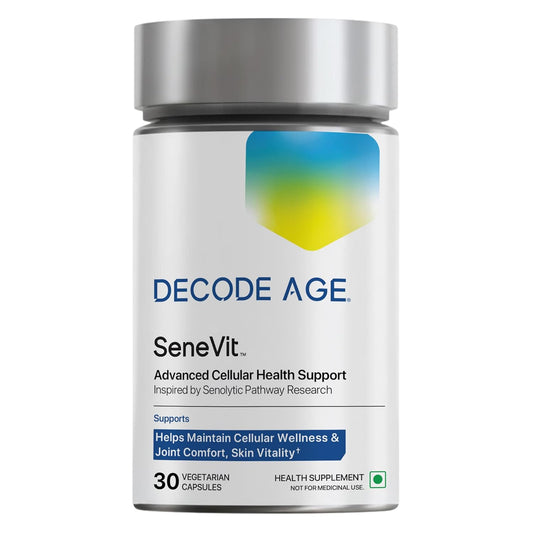 Supplement bottle labeled 'Decode Age SeneVit' on a white background