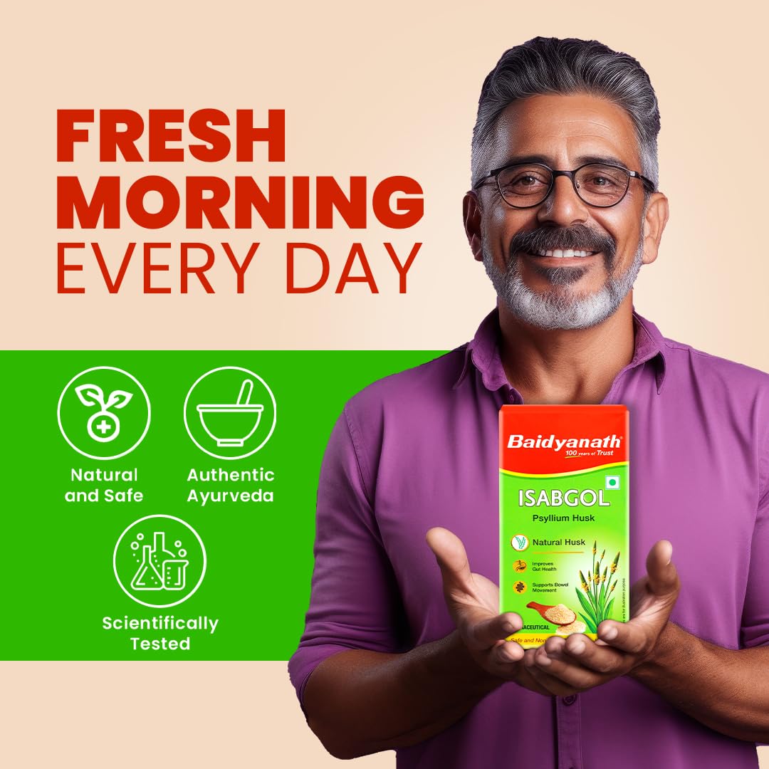 Man holding Baidyanath Isabgol package with promotional text on a beige background