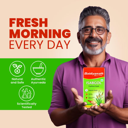 Man holding Baidyanath Isabgol package with promotional text on a beige background
