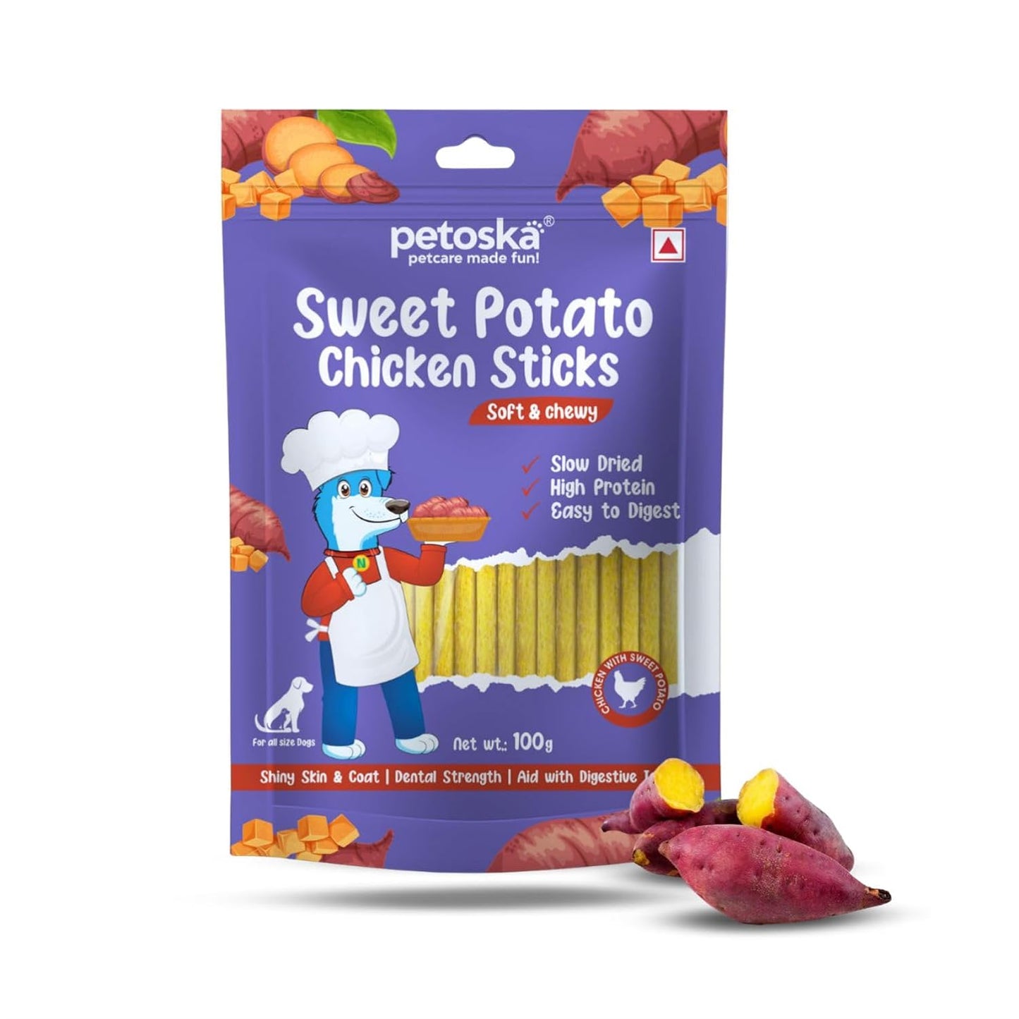 Petoska Chicken & Sweet Potato Dog Treats – 100 g Crunchy Natural Chew Sticks for Puppies & Adult Dogs