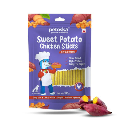 Petoska Chicken & Sweet Potato Dog Treats – 100 g Crunchy Natural Chew Sticks for Puppies & Adult Dogs