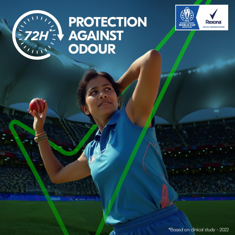 Woman in blue shirt holding a red ball on a sports field with '72H Protection Against Odour' text and Rexona logo.