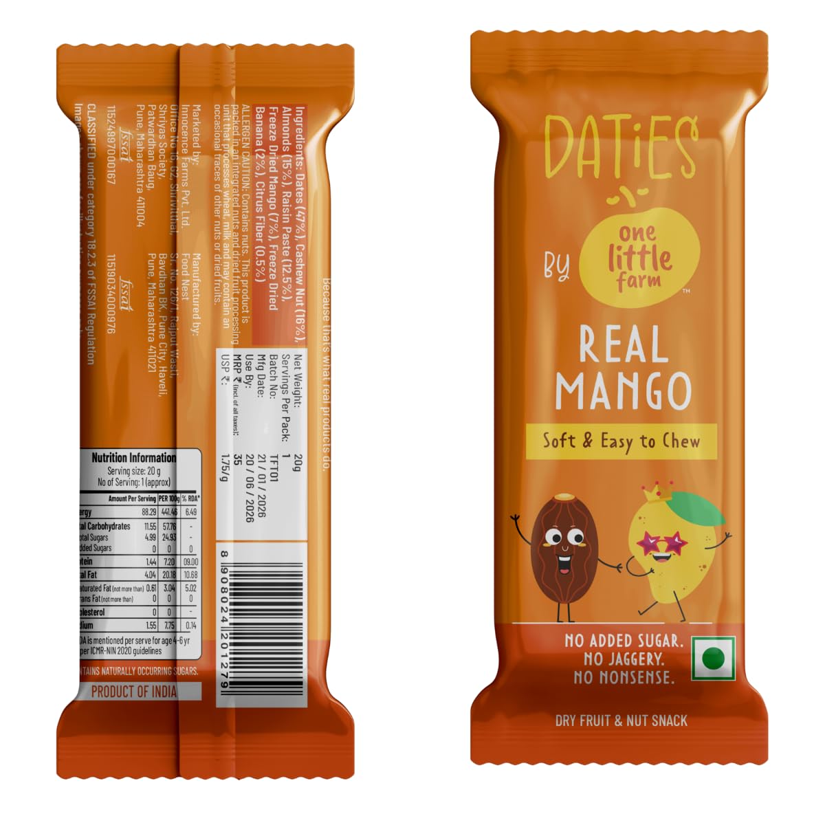 Daties by One Little Farm - Combo Pack Date Bites | Made with Dates, Cashew & Almond | Clean-Label Healthy Snack for Kids | Soft and Easy to Chew | No Added Sugar or Jaggery | 20g Each (Pack of 8)