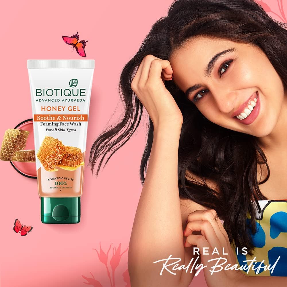 Biotique Honey Gel product with a woman on a pink background