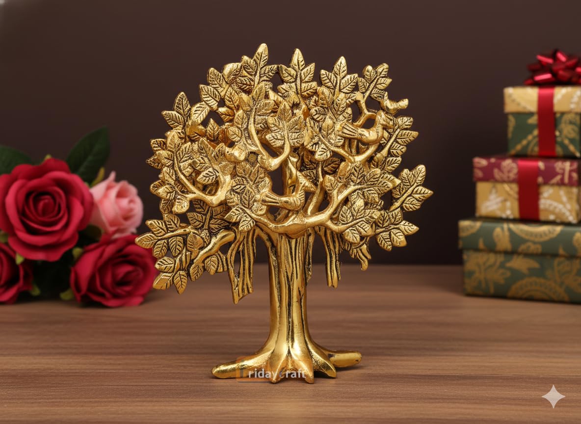 Metal Kalpavriksha Tree for Home Decor - Golden Wish Fulfilling Tree Metal Showpiece for Temple, Vastu, Office Table & Gifting Banyan (No 2 Golden)