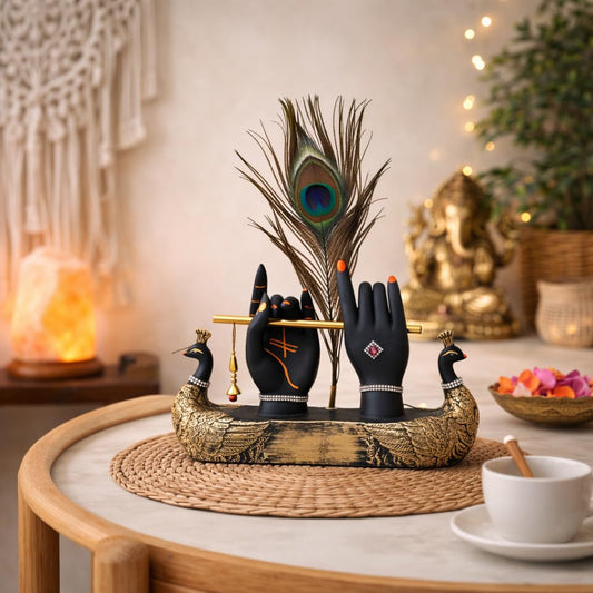 THE SACRED GIFTS Krishna Hand with Flute & Peacock Feather Idol for Home Decor Gift, Office & Living Room, Peacock Showpiece with Flute, Lord Laddo Gopal Figurine Murlidhar, Kanhaiya, Makhan Chor, Diwali Decoration