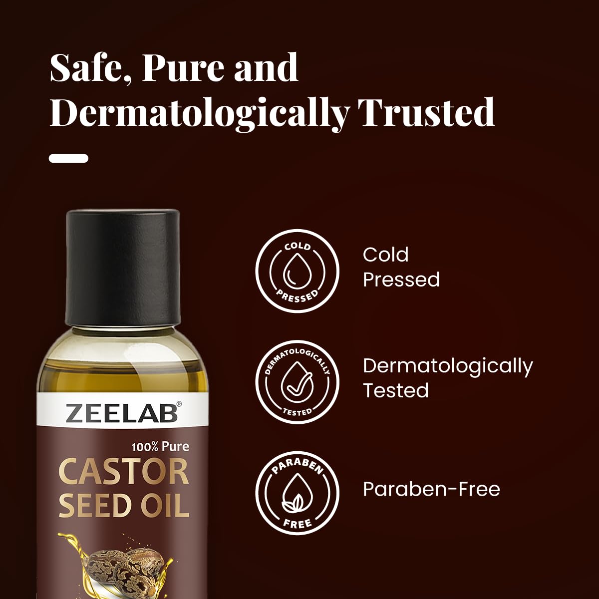 Zeelab castor seed oil bottle with certification icons on a brown background
