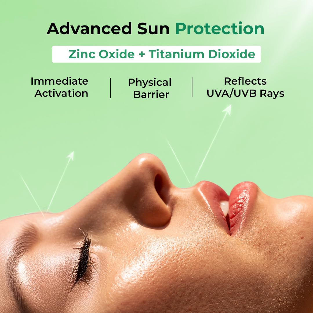 Sunscreen product with text about advanced sun protection, zinc oxide, titanium dioxide, immediate activation, physical barrier, and UVA/UVB ray reflection on a green background.