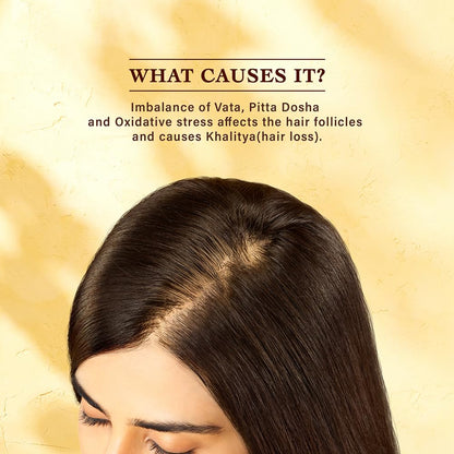 Woman with hair loss on a yellow background with text about hair health.