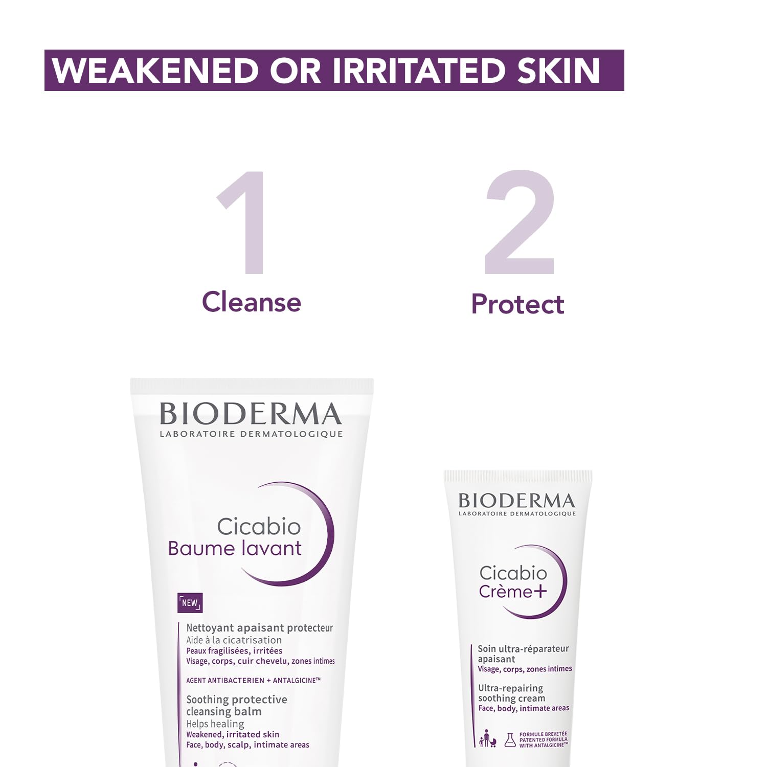 Two Bioderma skincare products with text indicating steps for weakened or irritated skin.