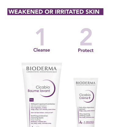 Two Bioderma skincare products with text indicating steps for weakened or irritated skin.