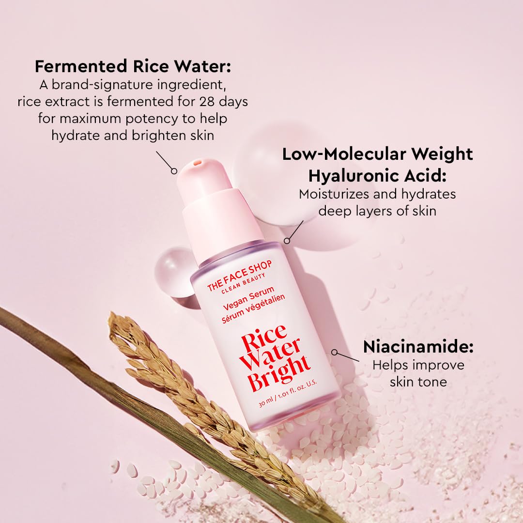 The Face Shop Rice Water Bright serum with text on ingredients on a pink background