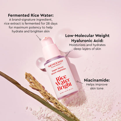 The Face Shop Rice Water Bright serum with text on ingredients on a pink background