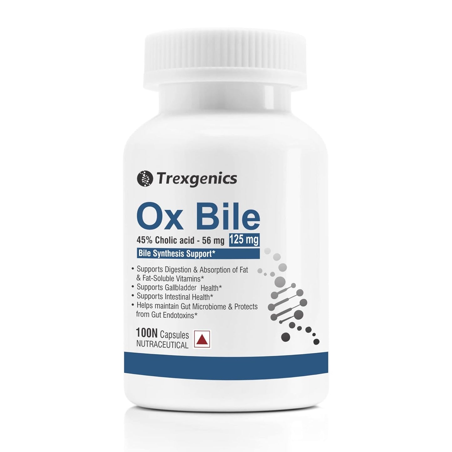 Trexgenics BILE EXTRACT 125 mg 45% CHOLIC ACID Bile Synthesis Support (100 Capsules) (Pack of 1).