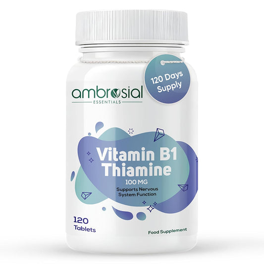 Vitamin B1 Thiamine supplement bottle with 'ambrosial' branding on a white background