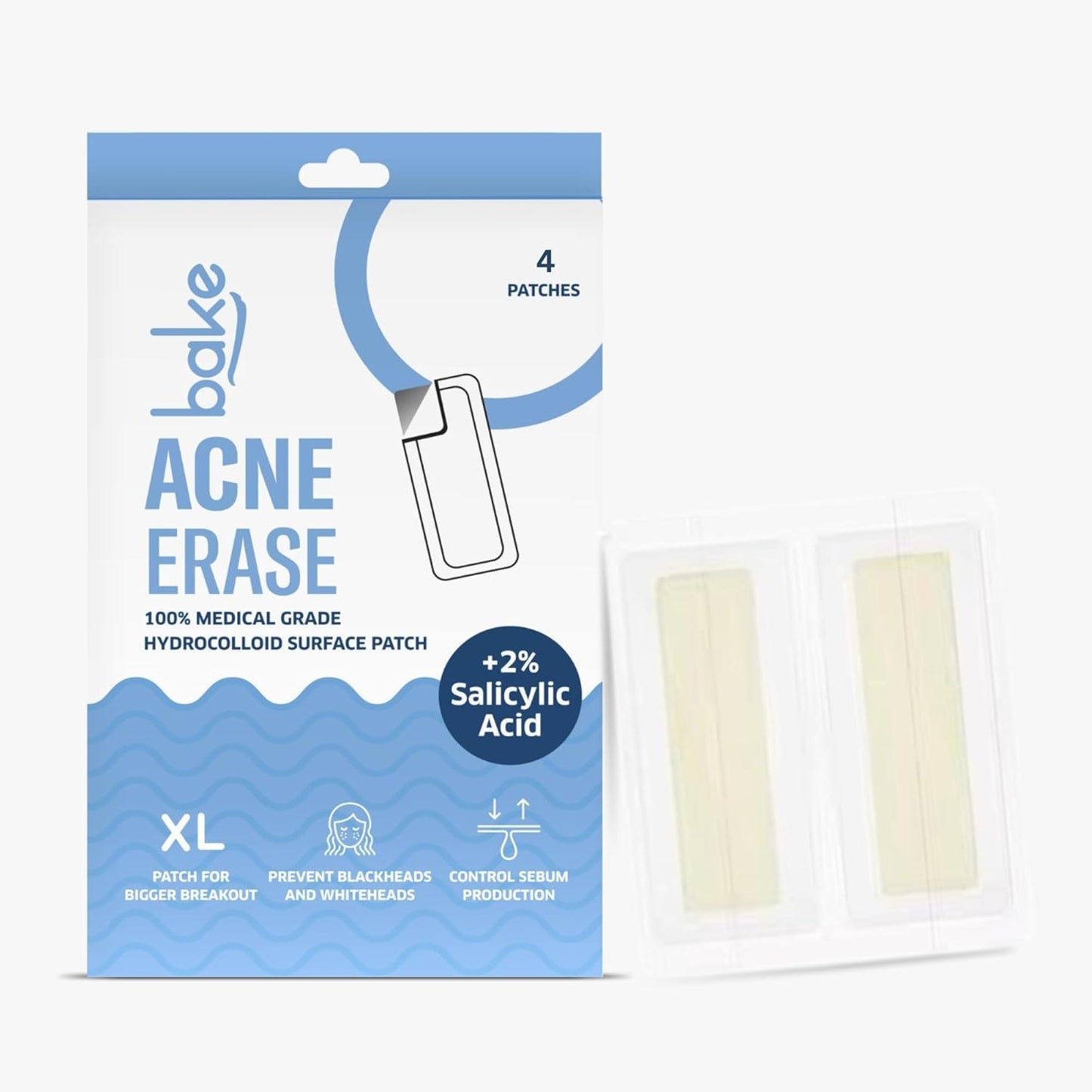 BAKE 2% Salicylic Acid Hydrocolloid Acne Absorbing (4 Patches) Surface Patch XL Pimple Patches for Blackheads Removal | Large Acne Erase Strips | Pore Cleansing & Reduces Whiteheads (4 Strips)