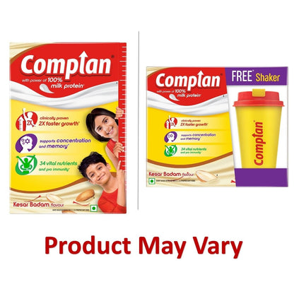 Complan Nutrition Drink Powder for Children, Kesar Badam Flavour, 500 g Carton | Nutrition drink for kids with protein & 34 vital nutrients with free Shaker