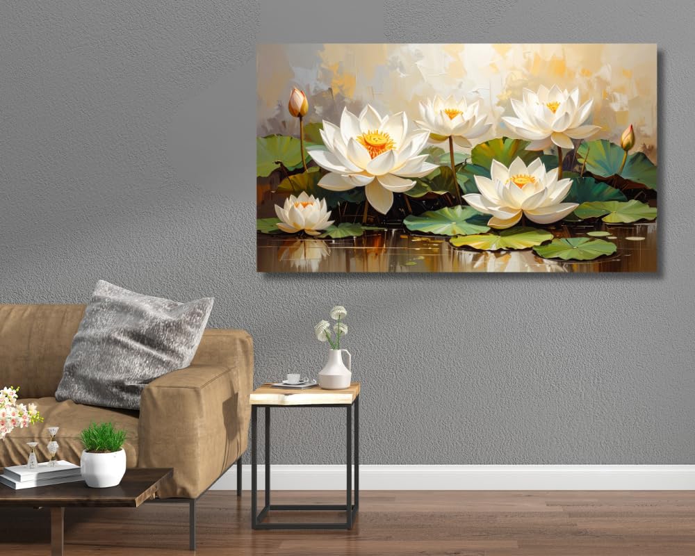 White Lotus Wall Painting Big Size ( UNFRAMED - Rolled Canvas Print only ) – Artistic Lotus Painting for Wall Vastu Landscape, Lotus Flower Painting for Living Room, Bedroom & Home, Luxury Lotus Canvas Painting