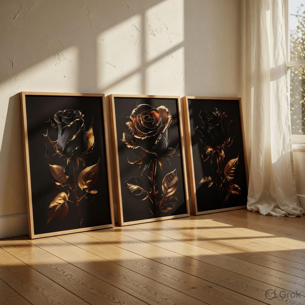 Black Gold Rose Wall Painting Set of 3 with Wooden Frames | Luxury Floral Artwork HD Sparkle Laminated MDF Wall Decor | Elegant Rose Wall Art for Living Room Bedroom Office