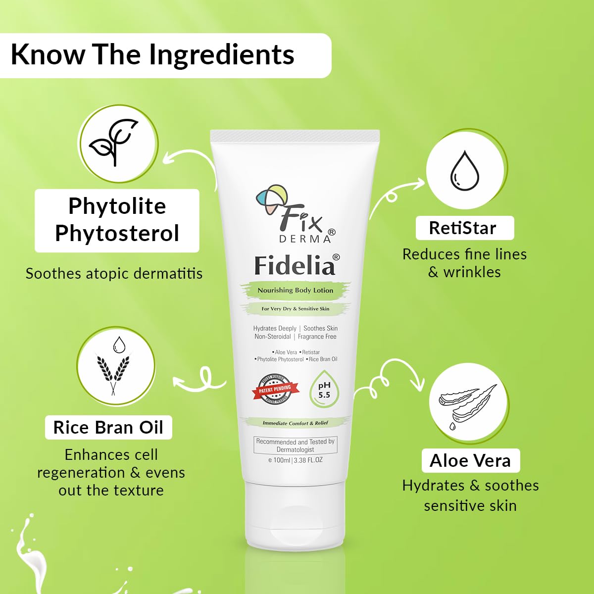 Fixderma Fidelia Nourishing Body Lotion | Moisturizer for face & Body | Body lotion for Women & Men | Body Lotion for Sensitive & Very dry skin with Rice Brain Oil & Aloe vera - 100Ml