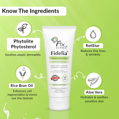 Fixderma Fidelia Nourishing Body Lotion | Moisturizer for face & Body | Body lotion for Women & Men | Body Lotion for Sensitive & Very dry skin with Rice Brain Oil & Aloe vera - 100Ml