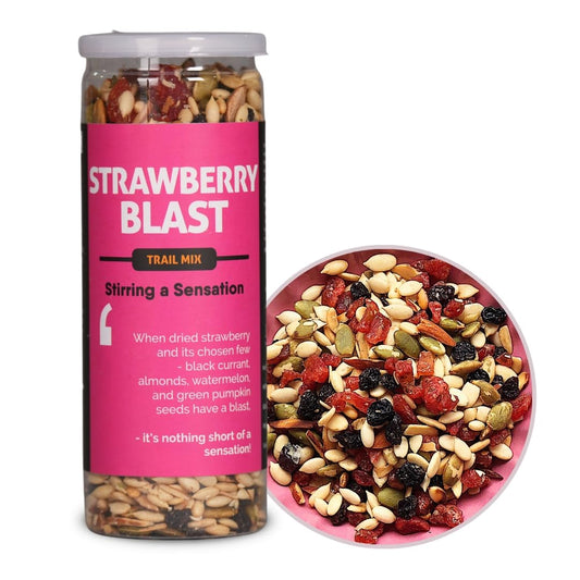 Omay Foods Strawberry Blast Trail Mix, 160g Jar | Dried Strawberry and Black Currant | Roasted Almonds, Pumpkin and Watermelon Seeds | Antioxidant Rich | Healthy Snack | Seeds and Berries Mix