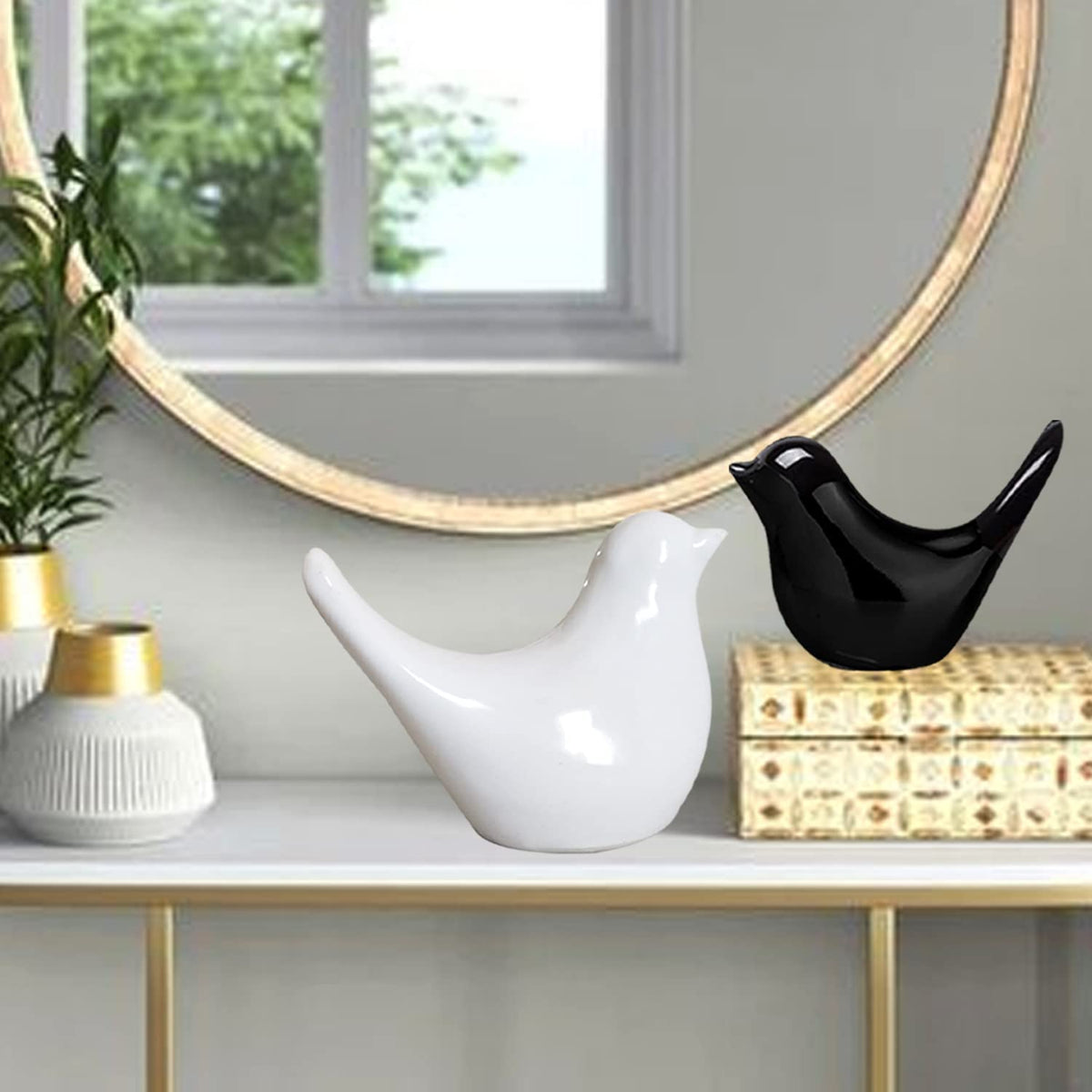 Ceramic Birds Figurines Ceramic Blessing Birds Figurine Home Decorations Accessories Set of 2 (Beige and Black Matte)