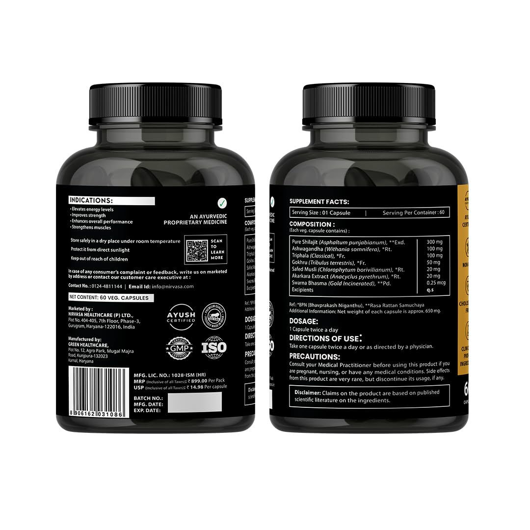 Nirvasa Shilajit Gold Capsules (60) | 100% Pure Himalayan Shilajeet with 24K Gold | Boosts Strength, Stamina, Energy & Performance | Vitality & Immunity | Gokshura, Akarkara & Safed Musli