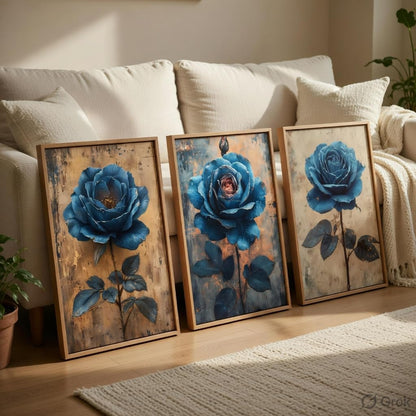 Blue Rose Floral Wall Painting Set of 3 with Wooden Frames | Elegant Botanical Flower Artwork HD Sparkle Laminated MDF Wall Decor | Modern Rose Wall Art for Living Room Bedroom
