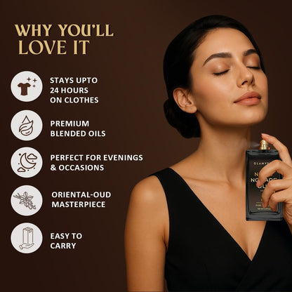 Glamveda Night Nomade Oud Unisex Pure Perfume 100ml | Luxury Long Lasting | Perfume for Man & Woman | with Raspberry, Spicy, Ambergris, Oud and Vanilla | Premium Fragrance